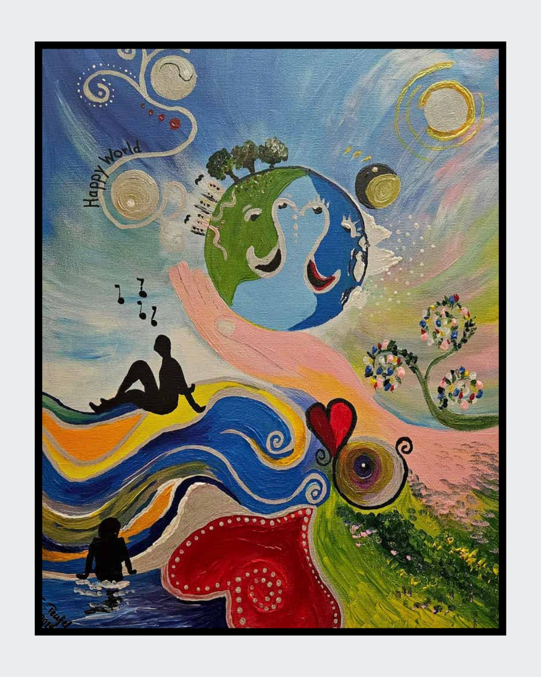 Gemälde "Happy World" von Carina Teufel. Eine farbenfrohe und fantastische Darstellung einer Weltkugel, die von einer schützenden Hand gehalten wird, umgeben von schwungvollen Linien, Musiknoten und stilisierten Figuren, die Freude und Harmonie ausstrahlen. 
