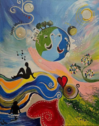 Gemälde "Happy World" von Carina Teufel. Eine farbenfrohe und fantastische Darstellung einer Weltkugel, die von einer schützenden Hand gehalten wird, umgeben von schwungvollen Linien, Musiknoten und stilisierten Figuren, die Freude und Harmonie ausstrahlen. 