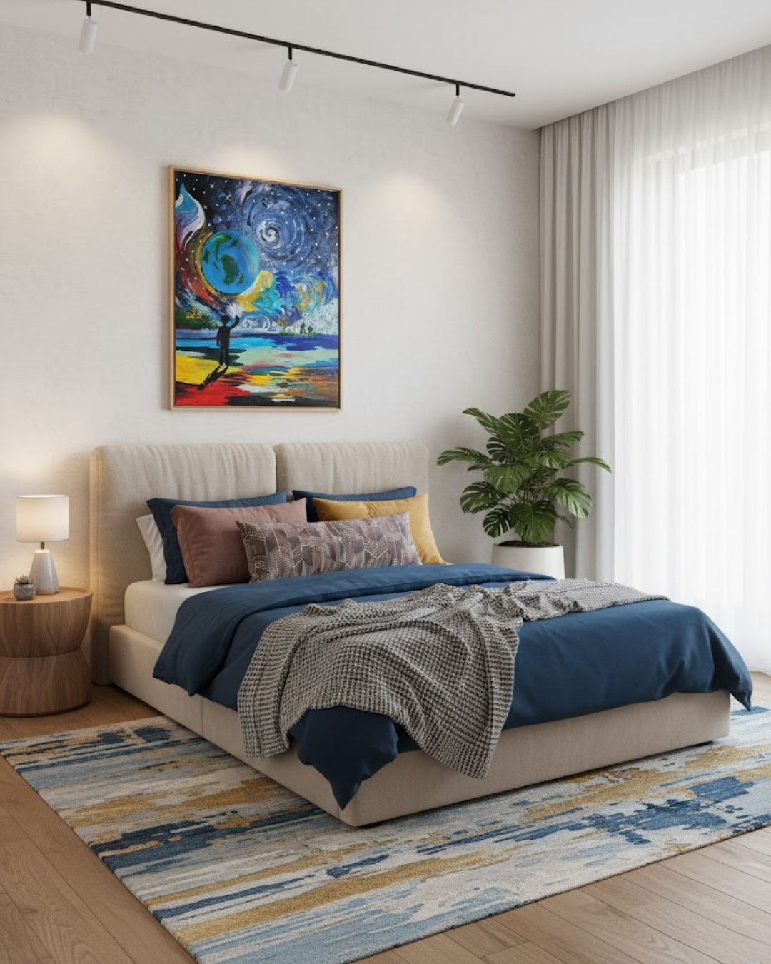 Gemälde "Infinity and Finite" von Carina Teufel. Eine Silhouette einer Person, die am Ufer steht und auf eine große, leuchtende Erdkugel und eine spiralförmige Galaxie am Sternenhimmel blickt. Der Vordergrund ist eine farbenfrohe Landschaft mit kräftigen Rot-, Blau- und Grüntönen. 