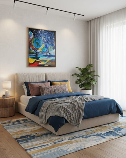 Gemälde "Infinity and Finite" von Carina Teufel. Eine Silhouette einer Person, die am Ufer steht und auf eine große, leuchtende Erdkugel und eine spiralförmige Galaxie am Sternenhimmel blickt. Der Vordergrund ist eine farbenfrohe Landschaft mit kräftigen Rot-, Blau- und Grüntönen. 