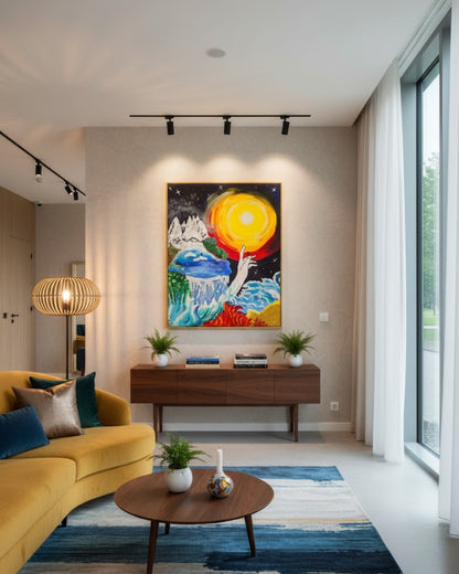 Gemälde "Klimawandel" von Carina Teufel. Eine eindringliche Szene mit Gletschern, die ins Meer stürzen, Flammen am unteren Bildrand und einer großen, schützenden Hand, die über das Wasser ragt, während eine helle Sonne über dunklem Himmel leuchtet und die Dringlichkeit des Themas betont. 