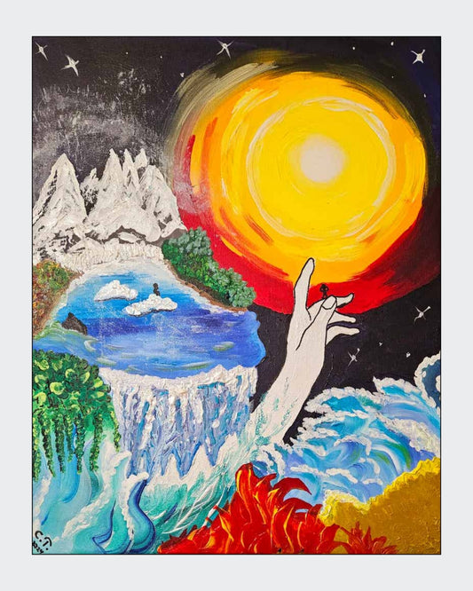 Gemälde "Klimawandel" von Carina Teufel. Eine eindringliche Szene mit Gletschern, die ins Meer stürzen, Flammen am unteren Bildrand und einer großen, schützenden Hand, die über das Wasser ragt, während eine helle Sonne über dunklem Himmel leuchtet und die Dringlichkeit des Themas betont. 