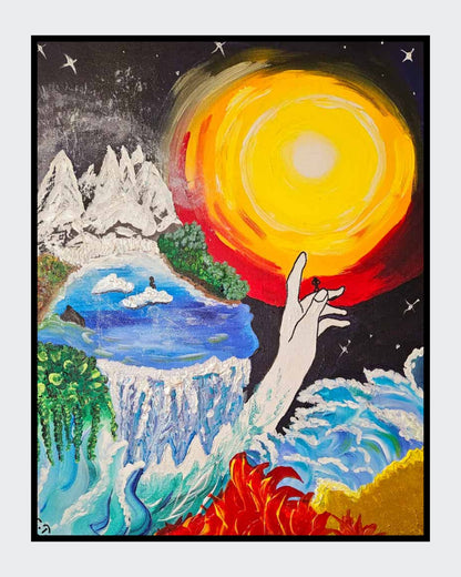 Gemälde "Klimawandel" von Carina Teufel. Eine eindringliche Szene mit Gletschern, die ins Meer stürzen, Flammen am unteren Bildrand und einer großen, schützenden Hand, die über das Wasser ragt, während eine helle Sonne über dunklem Himmel leuchtet und die Dringlichkeit des Themas betont. 