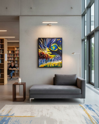 Gemälde "Krieg, Verzweiflung und Hoffnung" von Carina Teufel. Ein dramatisches Bild mit einer explodierenden Erde über einer brennenden Stadt, umgeben von dunklen Wolken und leuchtenden Sternen, die das Zusammenspiel von Zerstörung und dem Festhalten an Hoffnung symbolisieren. 