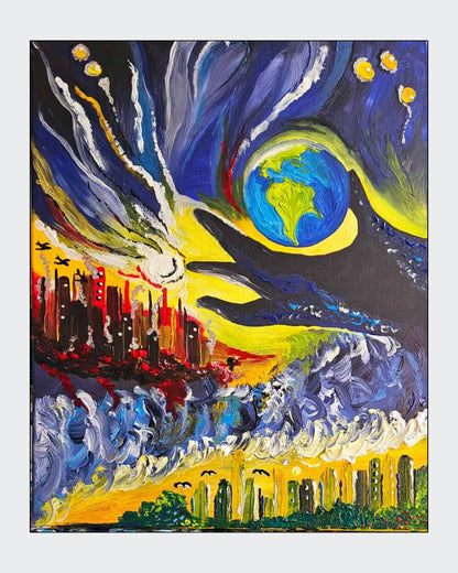 Gemälde "Krieg, Verzweiflung und Hoffnung" von Carina Teufel. Ein dramatisches Bild mit einer explodierenden Erde über einer brennenden Stadt, umgeben von dunklen Wolken und leuchtenden Sternen, die das Zusammenspiel von Zerstörung und dem Festhalten an Hoffnung symbolisieren. 