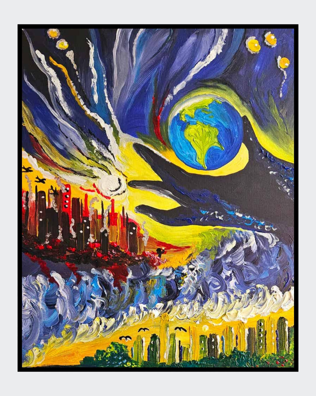 Gemälde "Krieg, Verzweiflung und Hoffnung" von Carina Teufel. Ein dramatisches Bild mit einer explodierenden Erde über einer brennenden Stadt, umgeben von dunklen Wolken und leuchtenden Sternen, die das Zusammenspiel von Zerstörung und dem Festhalten an Hoffnung symbolisieren. 