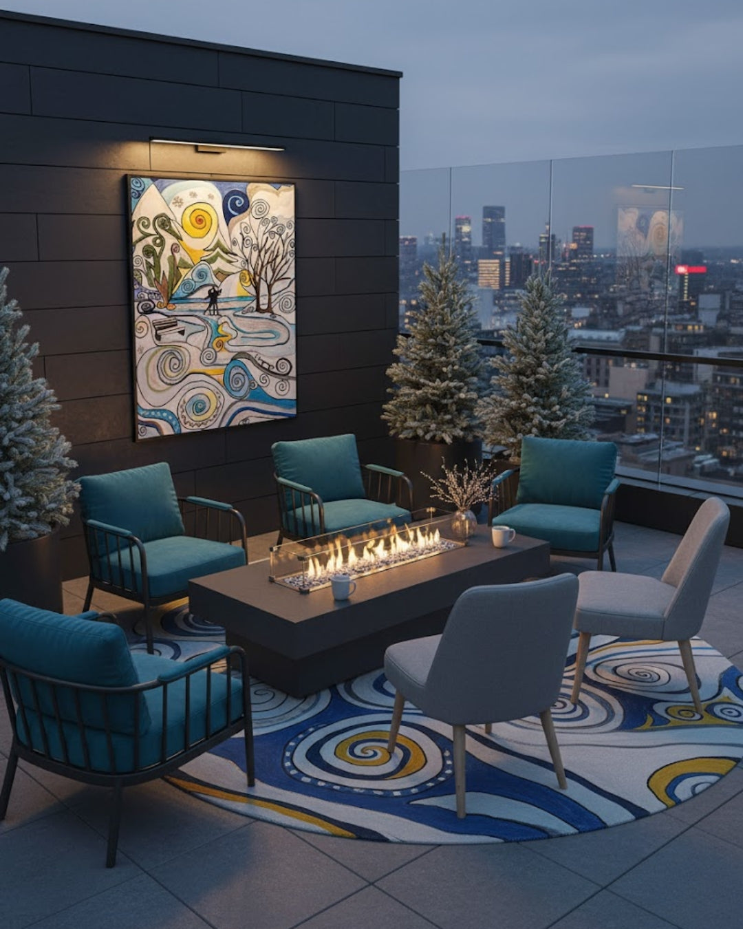 Gemälde "Love on Ice" von Carina Teufel. Eine winterliche Landschaft mit stilisierten Bäumen und Bergen, auf einer Eisfläche tanzen zwei Silhouetten. Der Himmel ist in sanften Gelb- und Blautönen gehalten, und der gesamte Bildraum ist von geschwungenen, spiralförmigen Mustern durchzogen, die Bewegung und Romantik einfangen. 