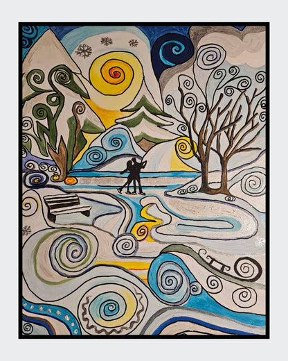 Gemälde "Love on Ice" von Carina Teufel. Eine winterliche Landschaft mit stilisierten Bäumen und Bergen, auf einer Eisfläche tanzen zwei Silhouetten. Der Himmel ist in sanften Gelb- und Blautönen gehalten, und der gesamte Bildraum ist von geschwungenen, spiralförmigen Mustern durchzogen, die Bewegung und Romantik einfangen. 