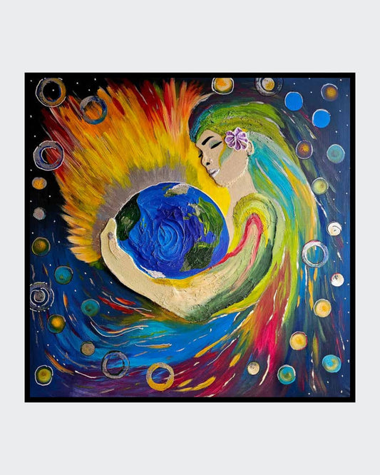 Gemälde "Mutter der Erde" von Carina Teufel. Eine sanft lächelnde weibliche Figur mit fließendem, bunten Haar, die liebevoll die Erde umarmt, umgeben von leuchtenden Kreisen und einer strahlenden Aura, die Schutz und Leben symbolisiert. 