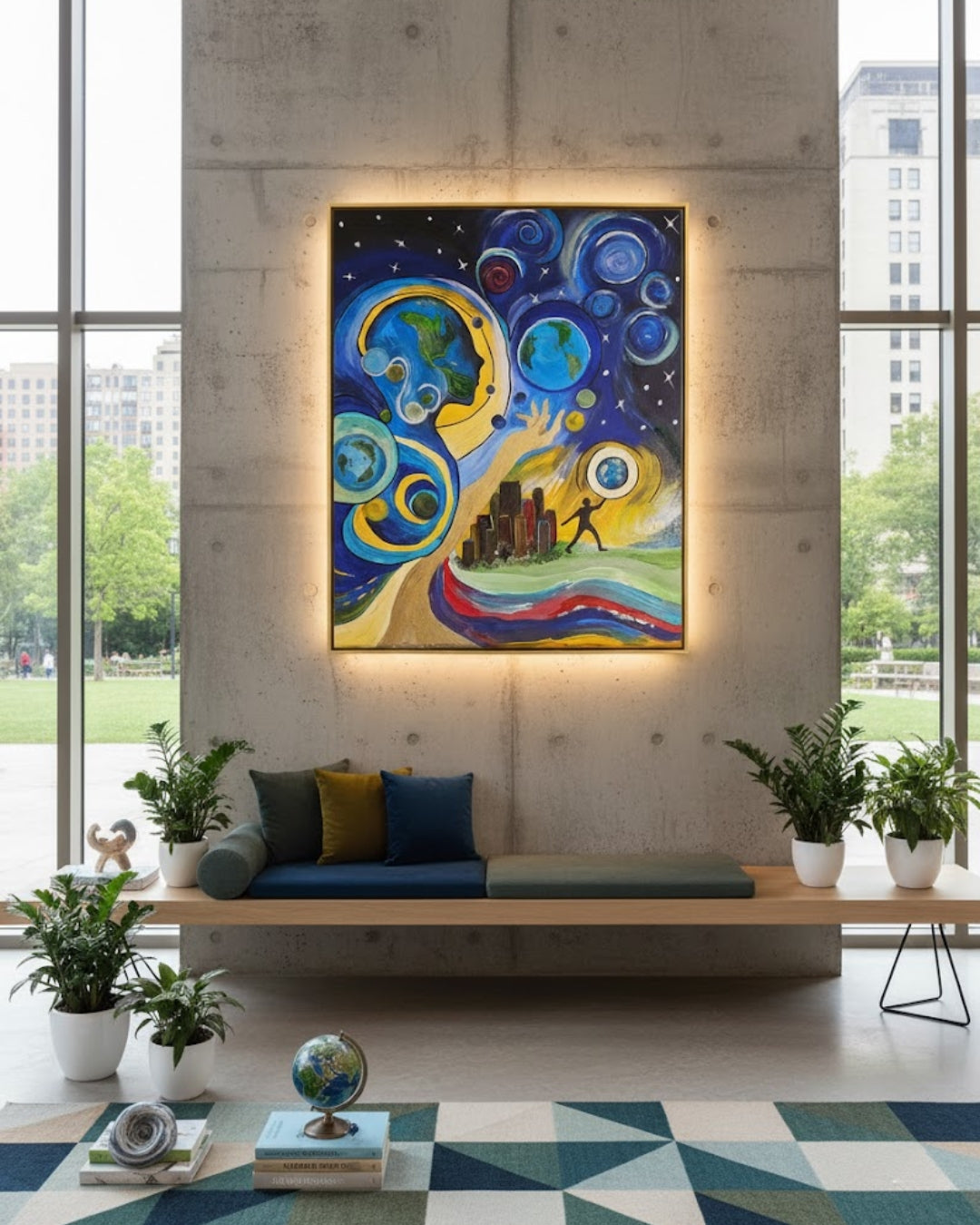 Gemälde "Respect your world" von Carina Teufel. Eine abstrakte Darstellung des Universums, in dem eine stilisierte Figur die Erde in Händen hält, umgeben von Planeten und Wirbeln. Im Vordergrund eine Stadtlandschaft mit lebhaften Farbbändern, die die Verbindung zwischen Mensch und Kosmos darstellt.