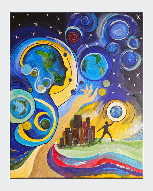 Gemälde "Respect your world" von Carina Teufel. Eine abstrakte Darstellung des Universums, in dem eine stilisierte Figur die Erde in Händen hält, umgeben von Planeten und Wirbeln. Im Vordergrund eine Stadtlandschaft mit lebhaften Farbbändern, die die Verbindung zwischen Mensch und Kosmos darstellt.