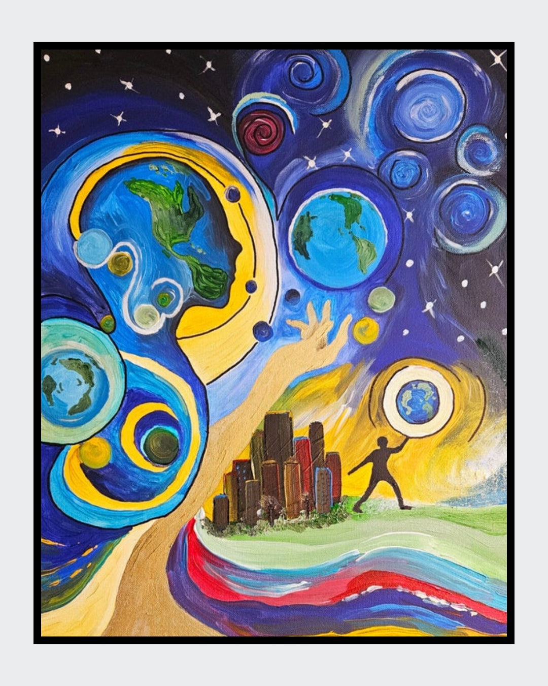 Gemälde "Respect your world" von Carina Teufel. Eine abstrakte Darstellung des Universums, in dem eine stilisierte Figur die Erde in Händen hält, umgeben von Planeten und Wirbeln. Im Vordergrund eine Stadtlandschaft mit lebhaften Farbbändern, die die Verbindung zwischen Mensch und Kosmos darstellt.