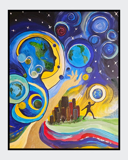Gemälde "Respect your world" von Carina Teufel. Eine abstrakte Darstellung des Universums, in dem eine stilisierte Figur die Erde in Händen hält, umgeben von Planeten und Wirbeln. Im Vordergrund eine Stadtlandschaft mit lebhaften Farbbändern, die die Verbindung zwischen Mensch und Kosmos darstellt.