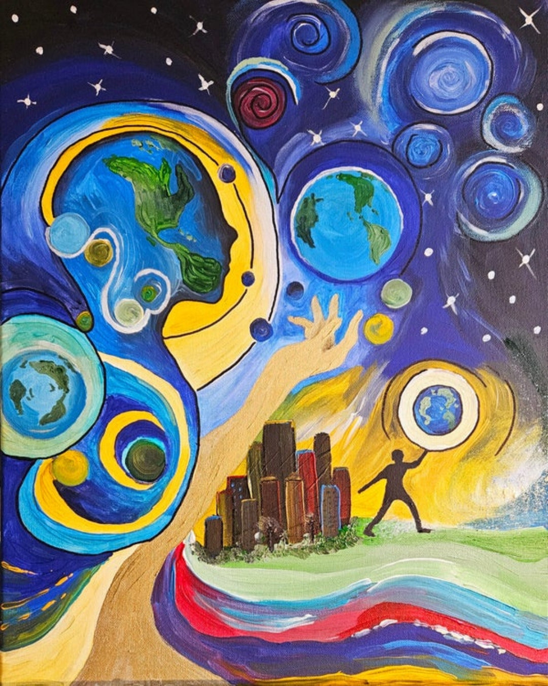 Gemälde "Respect your world" von Carina Teufel. Eine abstrakte Darstellung des Universums, in dem eine stilisierte Figur die Erde in Händen hält, umgeben von Planeten und Wirbeln. Im Vordergrund eine Stadtlandschaft mit lebhaften Farbbändern, die die Verbindung zwischen Mensch und Kosmos darstellt.