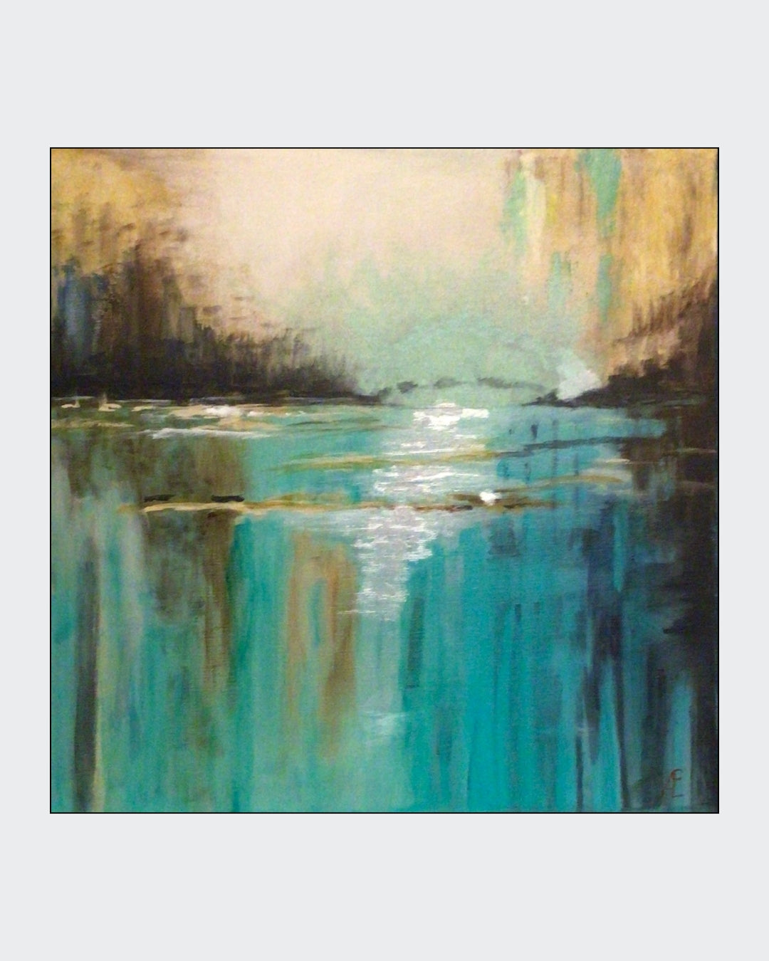 "Abendstimmung am See" – Abstraktes Acrylgemälde von Claudia Altemeier (50x50 cm) mit dunklen Ufern, türkisblauem Wasser und reflektierendem Licht.