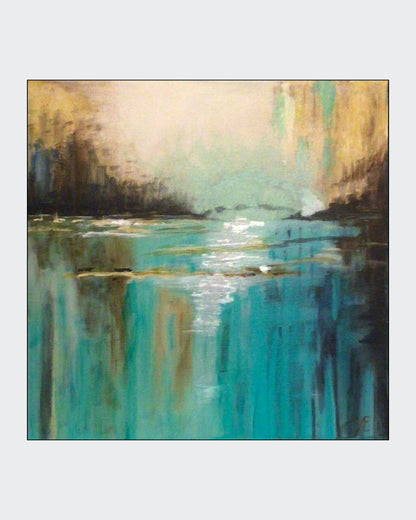 "Abendstimmung am See" – Abstraktes Acrylgemälde von Claudia Altemeier (50x50 cm) mit dunklen Ufern, türkisblauem Wasser und reflektierendem Licht.