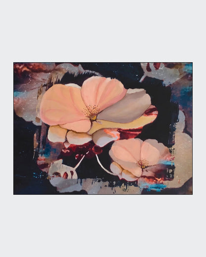 Abstraktes Gemälde mit dem Titel "Apfelblüten". Es zeigt in leuchtenden Farben die Blüten von Apfelbäumen in einer dynamischen Komposition. Das Bild ist in Mixed Media auf Leinwand gemalt und misst 60x80 cm.