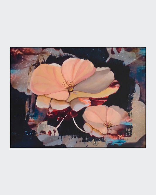 Abstraktes Gemälde mit dem Titel "Apfelblüten". Es zeigt in leuchtenden Farben die Blüten von Apfelbäumen in einer dynamischen Komposition. Das Bild ist in Mixed Media auf Leinwand gemalt und misst 60x80 cm.