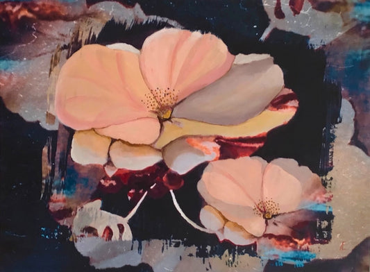 Abstraktes Gemälde mit dem Titel "Apfelblüten". Es zeigt in leuchtenden Farben die Blüten von Apfelbäumen in einer dynamischen Komposition. Das Bild ist in Mixed Media auf Leinwand gemalt und misst 60x80 cm.