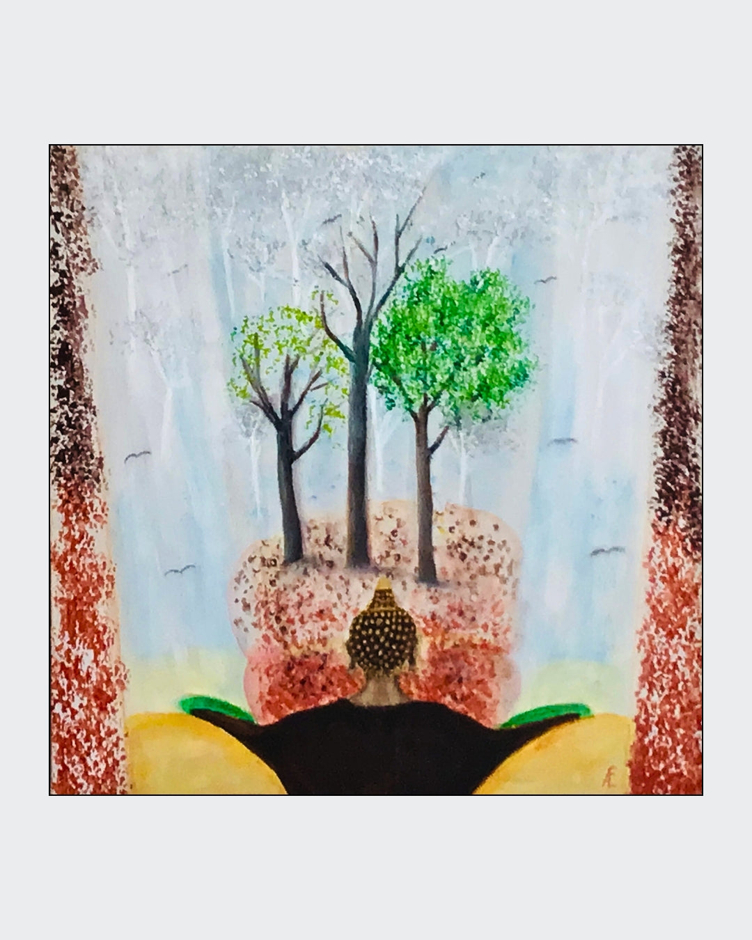 Ein Acrylgemälde auf Leinwand mit dem Titel "Buddhas Seasons" von Claudia Altemeier. Das Gemälde zeigt eine abstrakte Darstellung von Buddha-Motiven in verschiedenen Farben, die die vier Jahreszeiten symbolisieren. Die Leinwand misst 50x50 cm.