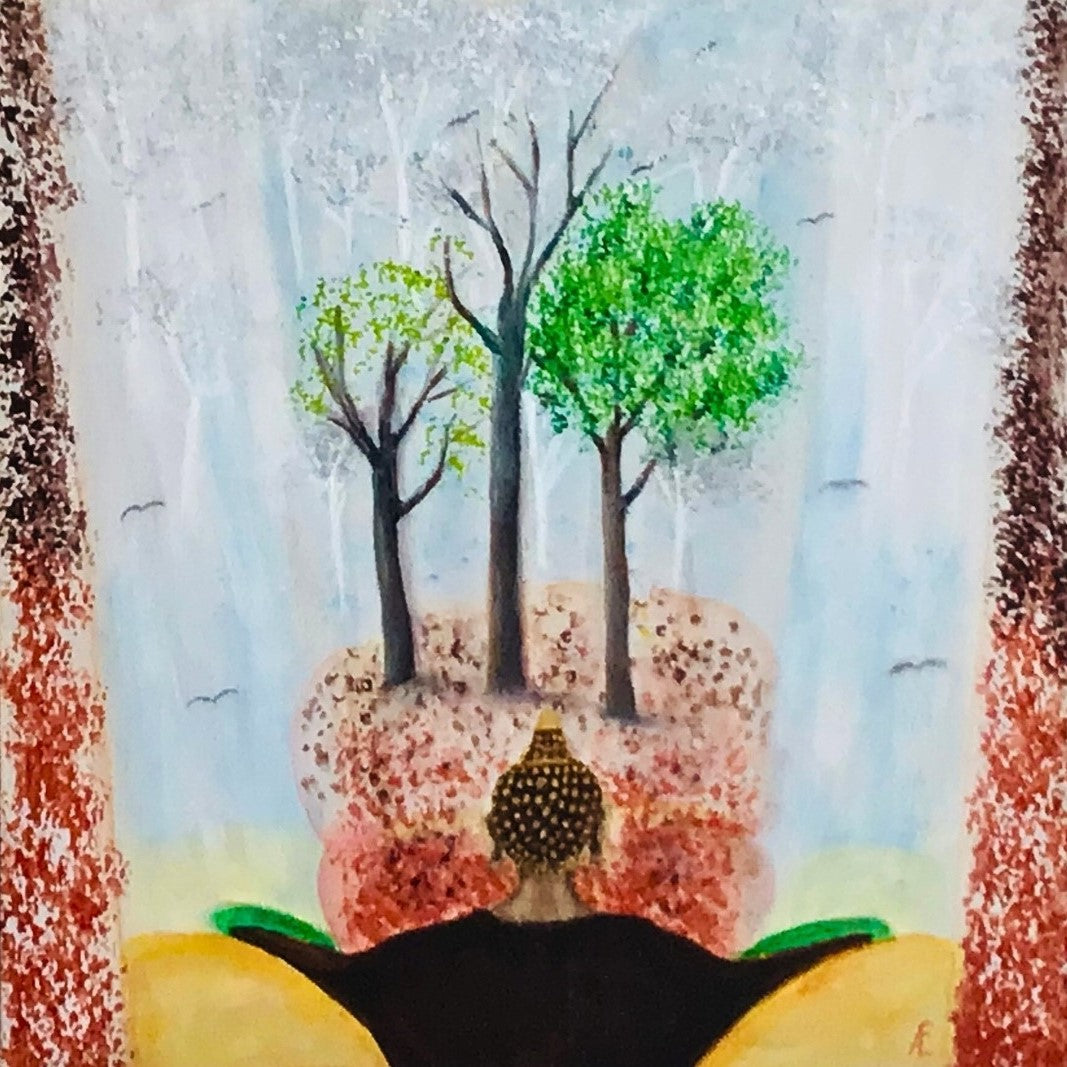 Ein Acrylgemälde auf Leinwand mit dem Titel "Buddhas Seasons" von Claudia Altemeier. Das Gemälde zeigt eine abstrakte Darstellung von Buddha-Motiven in verschiedenen Farben, die die vier Jahreszeiten symbolisieren. Die Leinwand misst 50x50 cm.