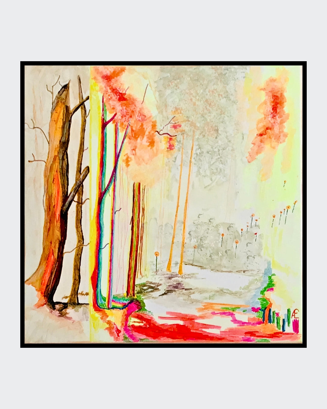 "Colorful autumn" von Claudia Altemeier ist ein abstraktes Gemälde, das die Farben des Herbstes darstellt. Die Leinwand ist mit verschiedenen Materialien und Techniken bearbeitet, um Tiefe und Textur zu erzeugen. Warme Rot-, Gelb- und Orangetöne dominieren das Bild, durchzogen von subtilen Blautönen und Grüntönen.