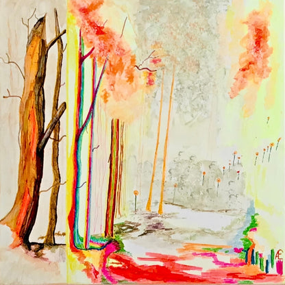 "Colorful autumn" von Claudia Altemeier ist ein abstraktes Gemälde, das die Farben des Herbstes darstellt. Die Leinwand ist mit verschiedenen Materialien und Techniken bearbeitet, um Tiefe und Textur zu erzeugen. Warme Rot-, Gelb- und Orangetöne dominieren das Bild, durchzogen von subtilen Blautönen und Grüntönen.