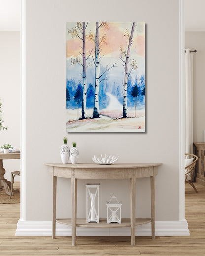 Acrylgemälde Drei Birken im Schnee, Winterwald mit blauen Bäumen, Claudia Altemeier