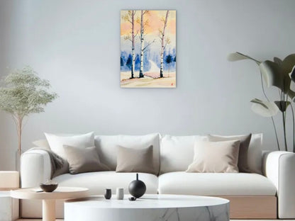 Acrylgemälde Drei Birken im Schnee, Winterwald mit blauen Bäumen, Claudia Altemeier