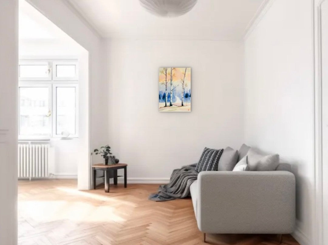 Acrylgemälde Drei Birken im Schnee, Winterwald mit blauen Bäumen, Claudia Altemeier