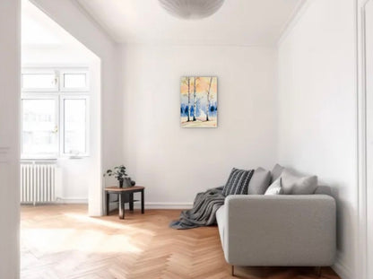 Acrylgemälde Drei Birken im Schnee, Winterwald mit blauen Bäumen, Claudia Altemeier