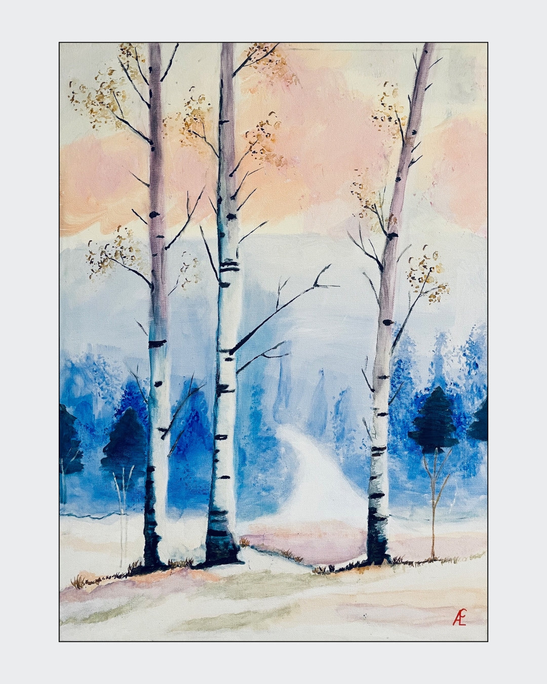 Acrylgemälde Drei Birken im Schnee, Winterwald mit blauen Bäumen, Claudia Altemeier