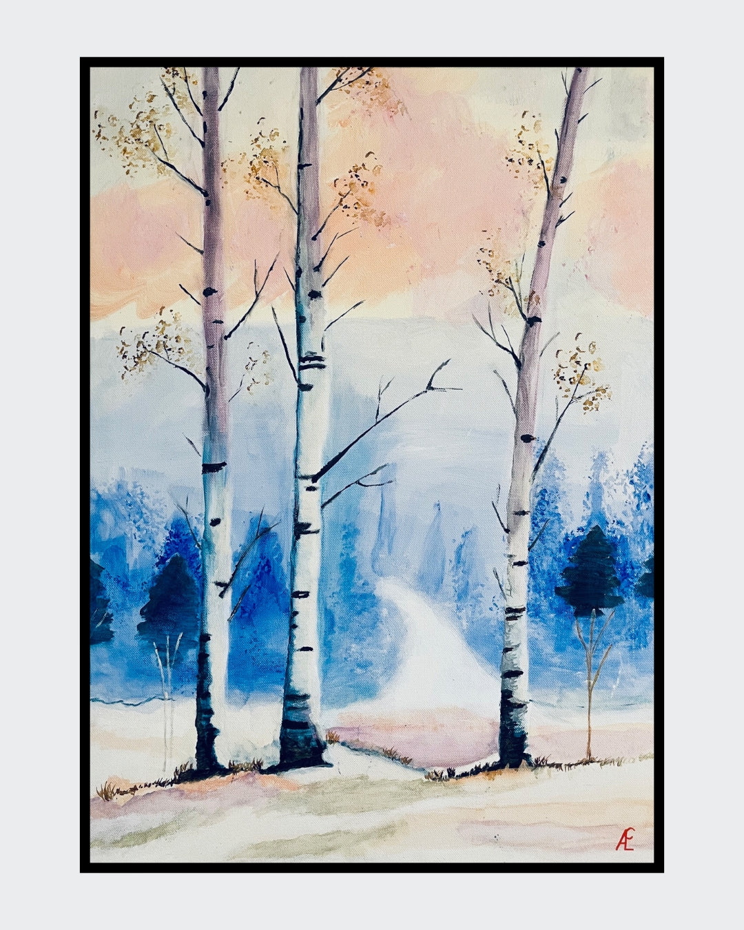 Acrylgemälde Drei Birken im Schnee, Winterwald mit blauen Bäumen, Claudia Altemeier
