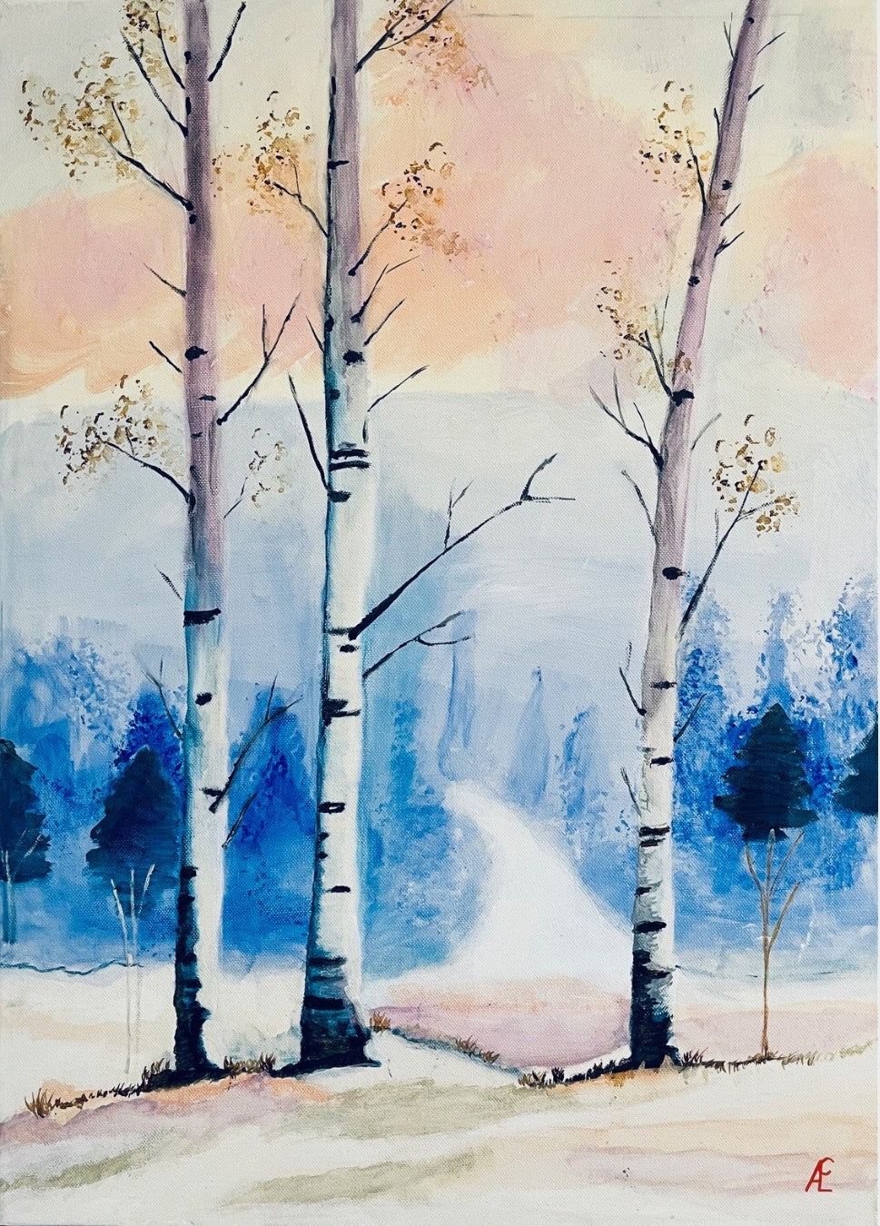 Acrylgemälde Drei Birken im Schnee, Winterwald mit blauen Bäumen, Claudia Altemeier
