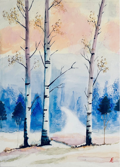 Acrylgemälde Drei Birken im Schnee, Winterwald mit blauen Bäumen, Claudia Altemeier