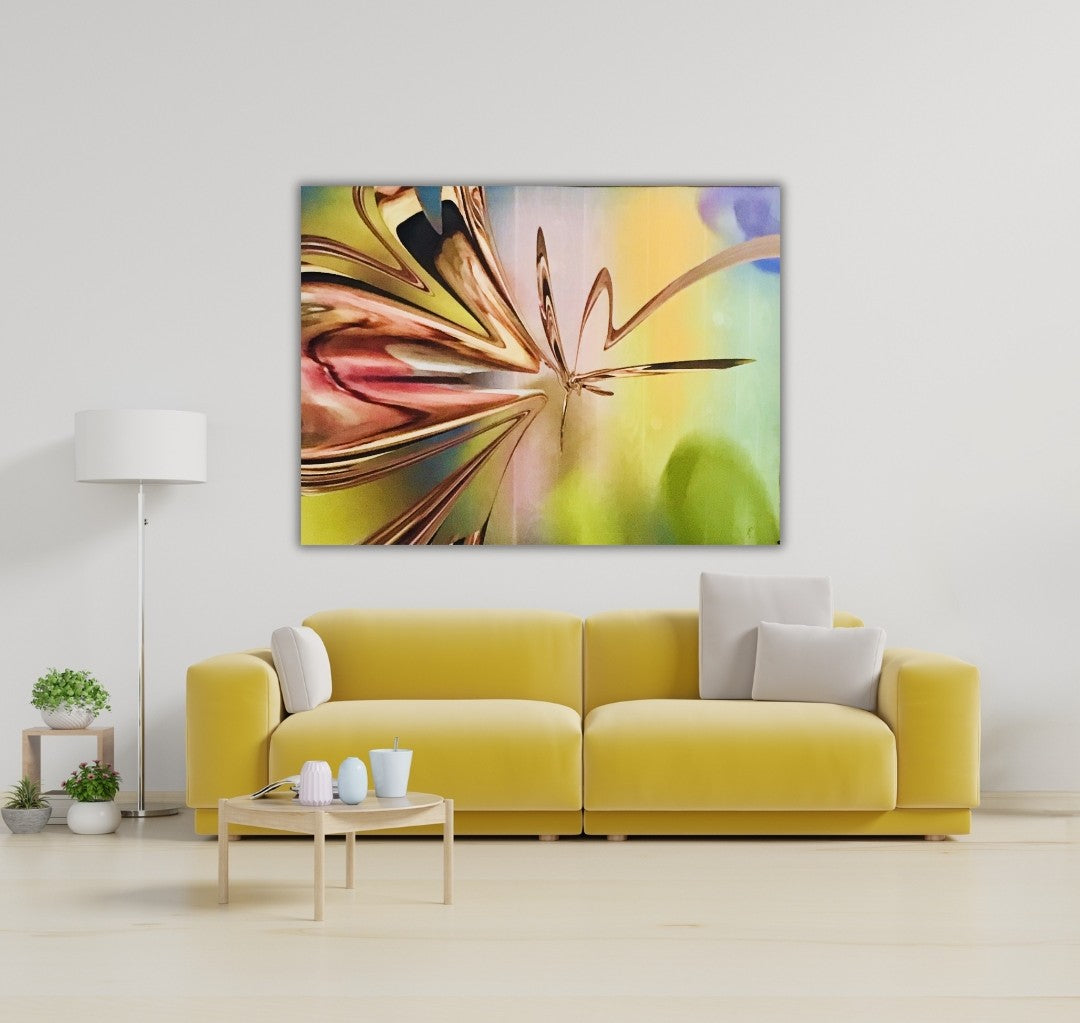 Claudia Altemeiers abstraktes Gemälde entführt den Betrachter in eine Welt voller fließender Formen und warmer Farben. Die organischen Strukturen scheinen zu pulsieren und zu vibrieren, während sie eine geheimnisvolle Tiefe erzeugen. Das Werk ist eine Einladung, die eigene Vorstellungskraft spielen zu lassen und die verborgenen Botschaften des Bildes zu entdecken."