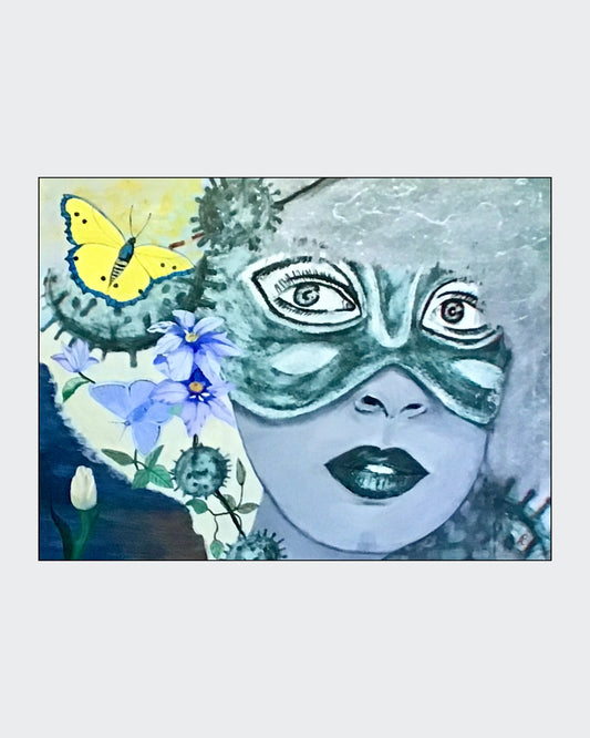 Semiabstraktes Porträt mit verdeckter Gesichtsfläche, umgeben von gelbem Schmetterling, blauen Blüten und kugelförmigen, stachelartigen Formen in kühlen Blau- und Grüntönen.