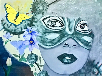 Semiabstraktes Porträt mit verdeckter Gesichtsfläche, umgeben von gelbem Schmetterling, blauen Blüten und kugelförmigen, stachelartigen Formen in kühlen Blau- und Grüntönen.