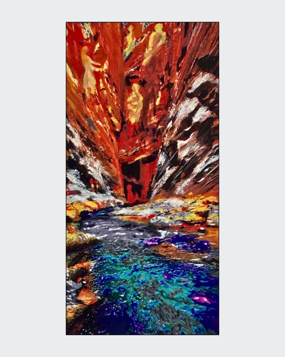 in abstraktes Gemälde in Mixed Media auf Leinwand von Claudia Altemeier mit dem Titel "Geisterklamm". Das Bild zeigt eine mystische Landschaft in warmen Farben mit dynamischen Strukturen.
