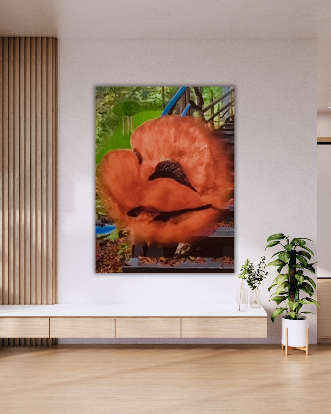 Ein abstraktes Gemälde in warmen Farben, das den Abschied vom Sommer darstellt. Die Leinwand zeigt dynamische Pinselstriche und Texturen in Gelb, Rot und Orange. Das Bild ist 80 cm breit und 60 cm hoch.