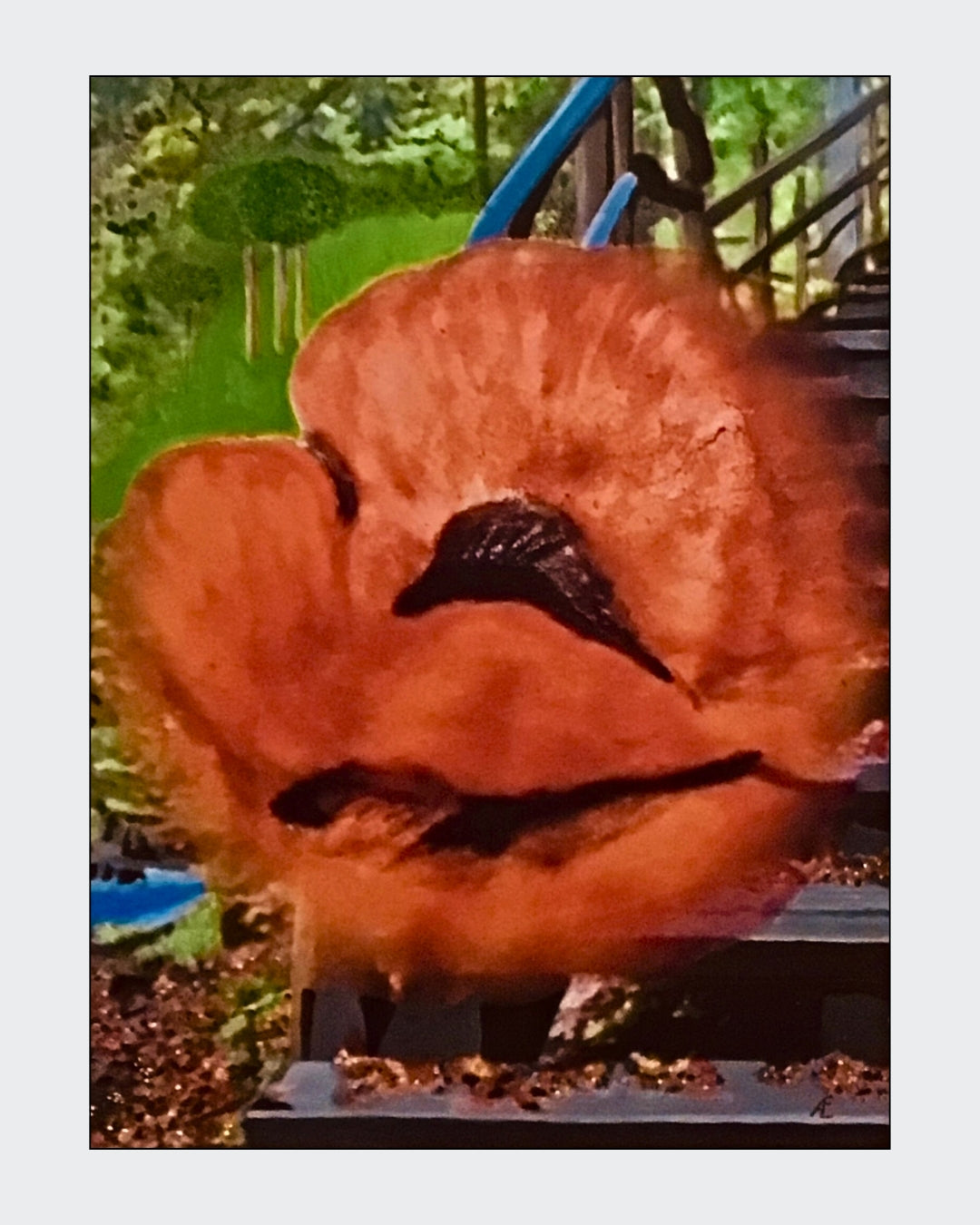 Ein abstraktes Gemälde in warmen Farben, das den Abschied vom Sommer darstellt. Die Leinwand zeigt dynamische Pinselstriche und Texturen in Gelb, Rot und Orange. Das Bild ist 80 cm breit und 60 cm hoch.