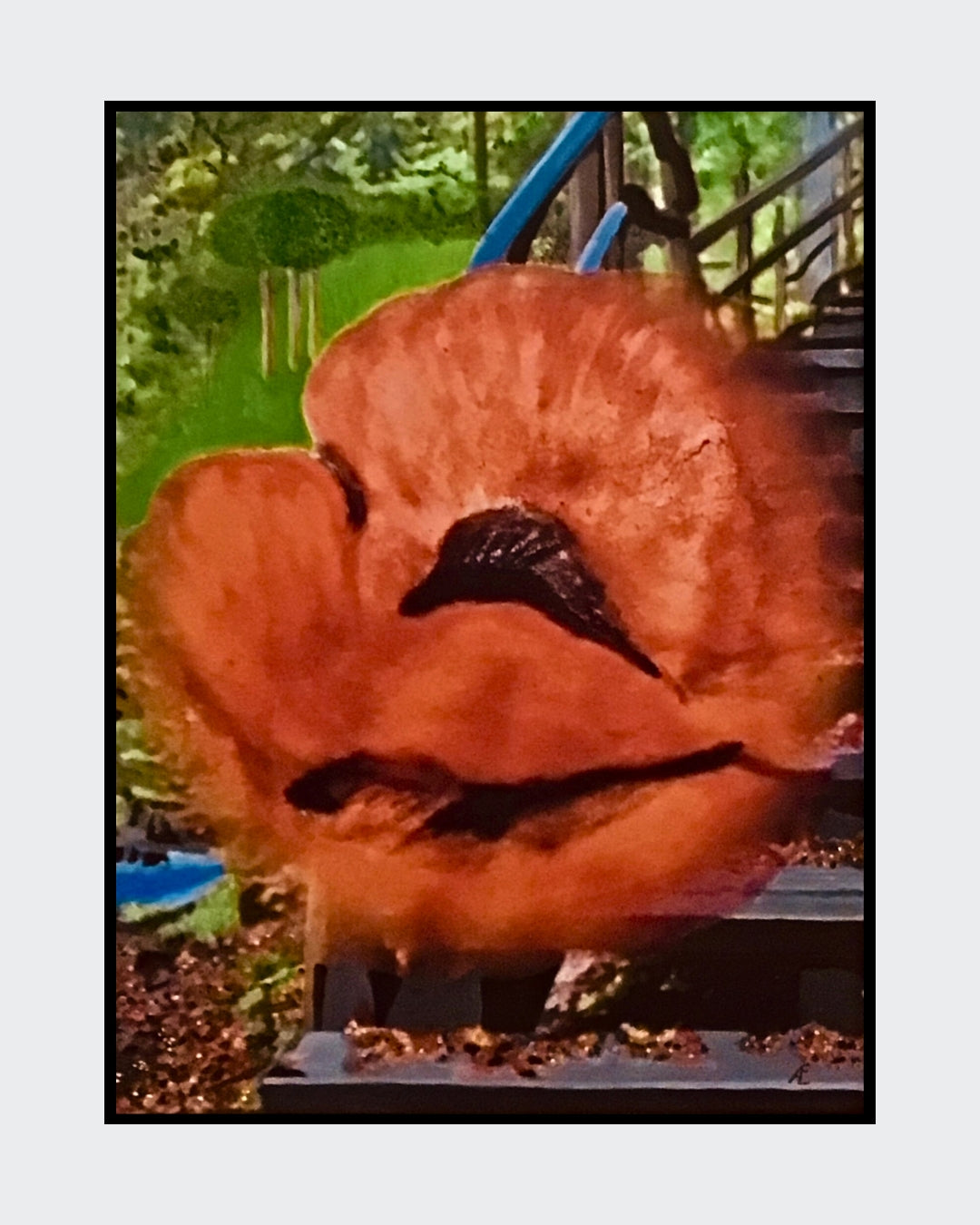 Ein abstraktes Gemälde in warmen Farben, das den Abschied vom Sommer darstellt. Die Leinwand zeigt dynamische Pinselstriche und Texturen in Gelb, Rot und Orange. Das Bild ist 80 cm breit und 60 cm hoch.