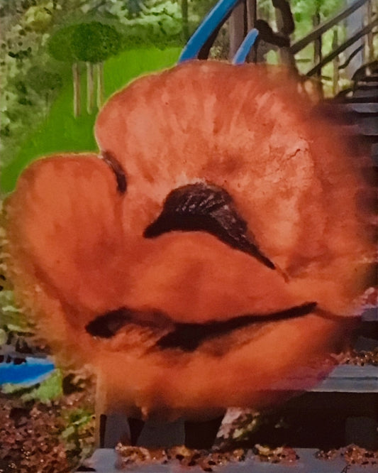 Ein abstraktes Gemälde in warmen Farben, das den Abschied vom Sommer darstellt. Die Leinwand zeigt dynamische Pinselstriche und Texturen in Gelb, Rot und Orange. Das Bild ist 80 cm breit und 60 cm hoch.