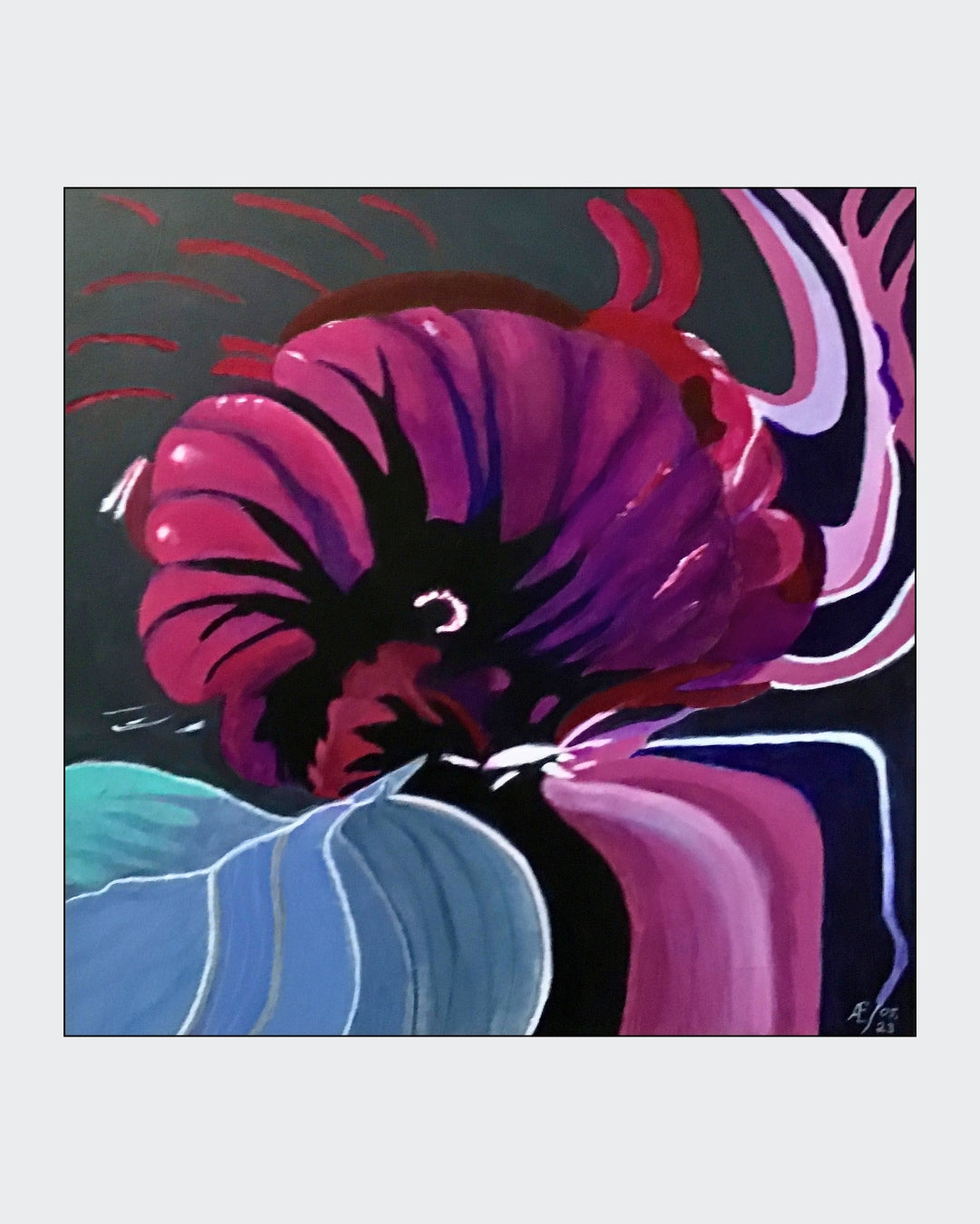"Malve abstrakt" ist ein abstraktes Gemälde von Claudia Altemeier. Es zeigt die Schönheit der Malve in einer dynamischen Komposition aus leuchtenden Farben und fließenden Formen. Das Gemälde ist in Acryl auf Leinwand gemalt und misst 50x50 cm.