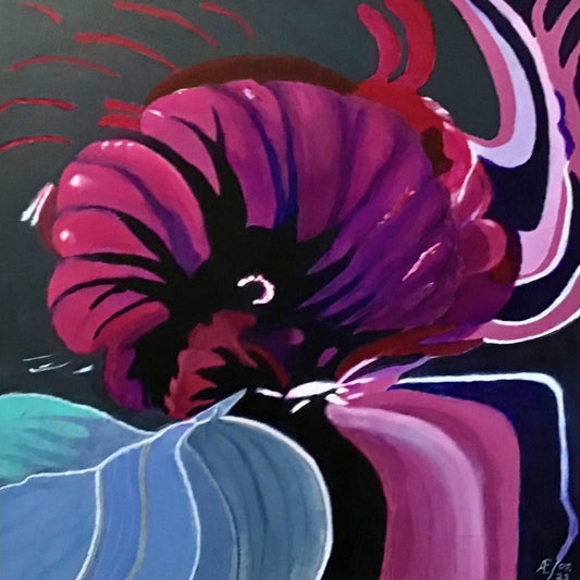 "Malve abstrakt" ist ein abstraktes Gemälde von Claudia Altemeier. Es zeigt die Schönheit der Malve in einer dynamischen Komposition aus leuchtenden Farben und fließenden Formen. Das Gemälde ist in Acryl auf Leinwand gemalt und misst 50x50 cm.