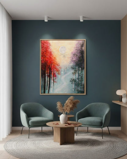 "Mysterious Forest": Acrylgemälde von Claudia Altemeier (70x50 cm), mystischer Herbstwald mit leuchtend roten Bäumen, lilagrauem Nebel, schemenhaftem Weg und milchigem Mondlicht. Romantisch-impressionistischer Stil.