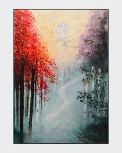 "Mysterious Forest": Acrylgemälde von Claudia Altemeier (70x50 cm), mystischer Herbstwald mit leuchtend roten Bäumen, lilagrauem Nebel, schemenhaftem Weg und milchigem Mondlicht. Romantisch-impressionistischer Stil.