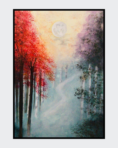 "Mysterious Forest": Acrylgemälde von Claudia Altemeier (70x50 cm), mystischer Herbstwald mit leuchtend roten Bäumen, lilagrauem Nebel, schemenhaftem Weg und milchigem Mondlicht. Romantisch-impressionistischer Stil.