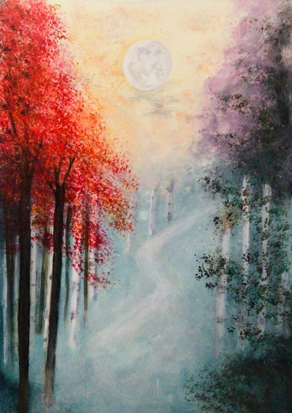 "Mysterious Forest": Acrylgemälde von Claudia Altemeier (70x50 cm), mystischer Herbstwald mit leuchtend roten Bäumen, lilagrauem Nebel, schemenhaftem Weg und milchigem Mondlicht. Romantisch-impressionistischer Stil.