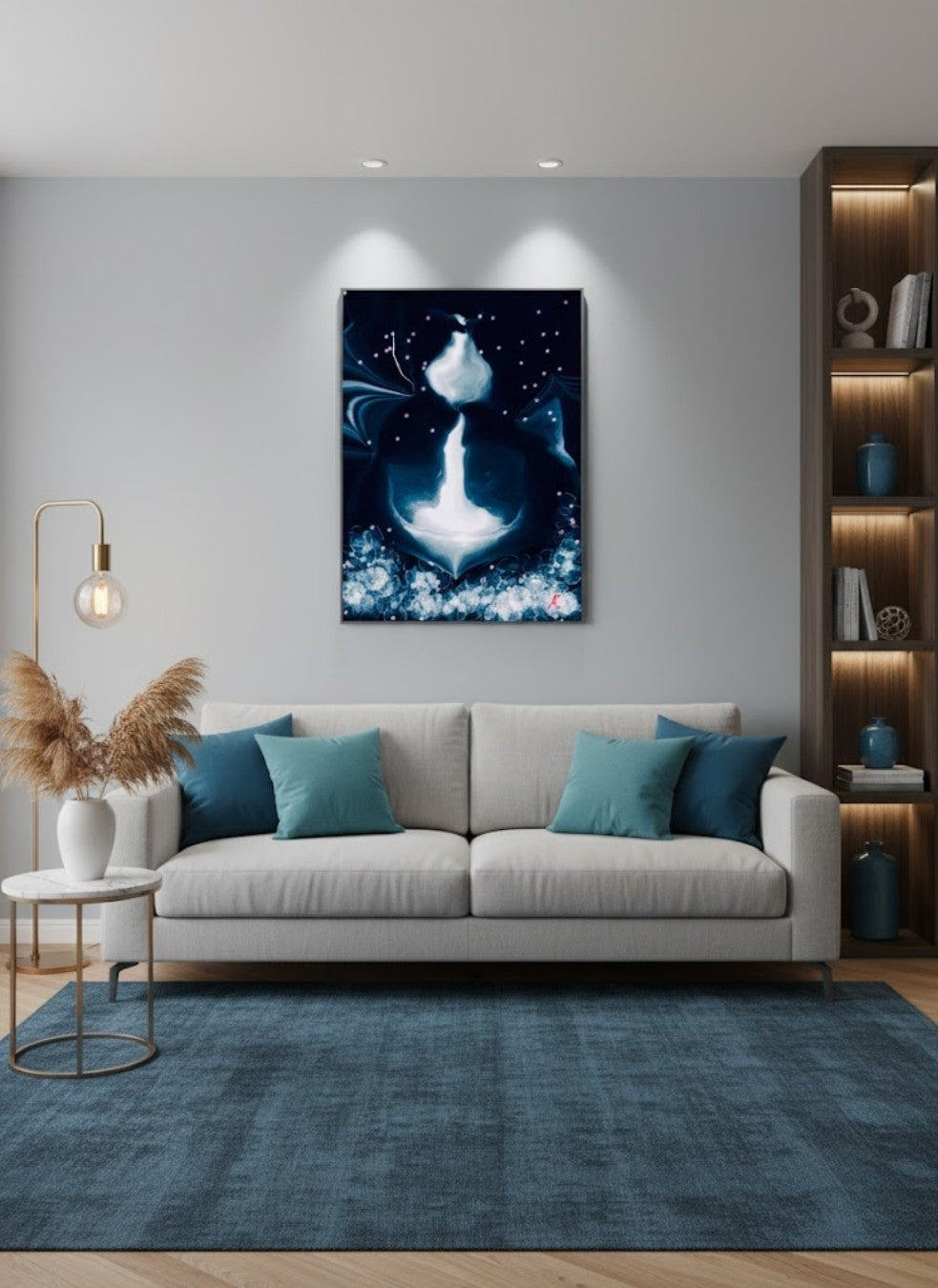 Abstraktes digitales Kunstwerk "Power of Freedom" von Claudia Altemeier. Eine leuchtende, weiße Kerze mit Rauch erhebt sich aus einer Schale vor dunklem, sternenübersätem Hintergrund. Dominierende Farben sind tiefes Blau, Weiß und Schwarz.